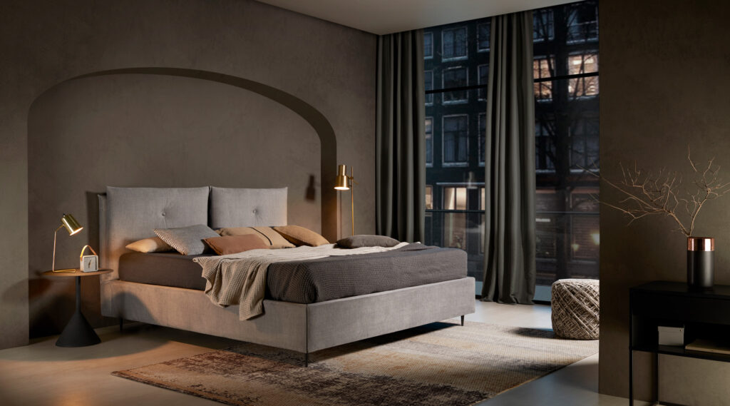 Cama canapé Phoenix tapizada con cabezal personalizable y patas metálicas negras tipo tacón