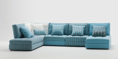 : Sofá de gran confort Chill Out con chaise longue a la izquierda, estructura de pino y acero con asientos antialérgicos.