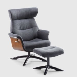 Sillón Kita reclinable tapizado en microfibra azul oscuro con puf a juego y cabezal ajustable