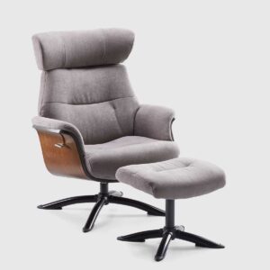 Sillón Kita reclinable tapizado en microfibra gris claro con puf a juego y cabezal ajustable