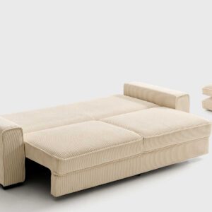 Sofá cama abierto modelo Dinner beige de Mimma Gallery con sistema de apertura transversal y arcón de almacenaje.