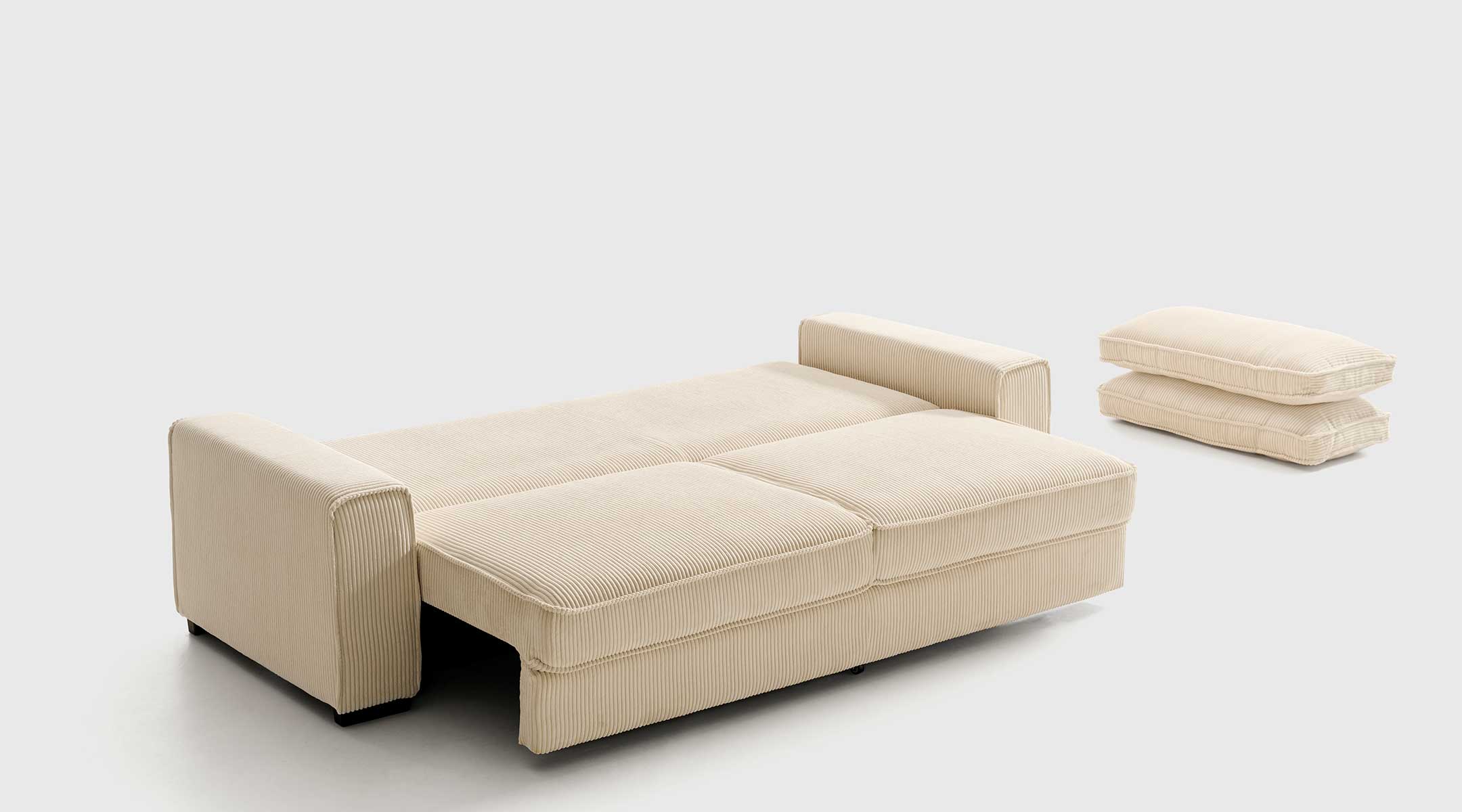 Sofá cama abierto modelo Dinner beige de Mimma Gallery con sistema de apertura transversal y arcón de almacenaje.