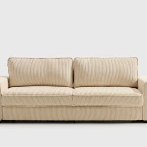Sofá cama Dinner color beige con apertura transversal, arcón de almacenaje y cama de 150x188 cm