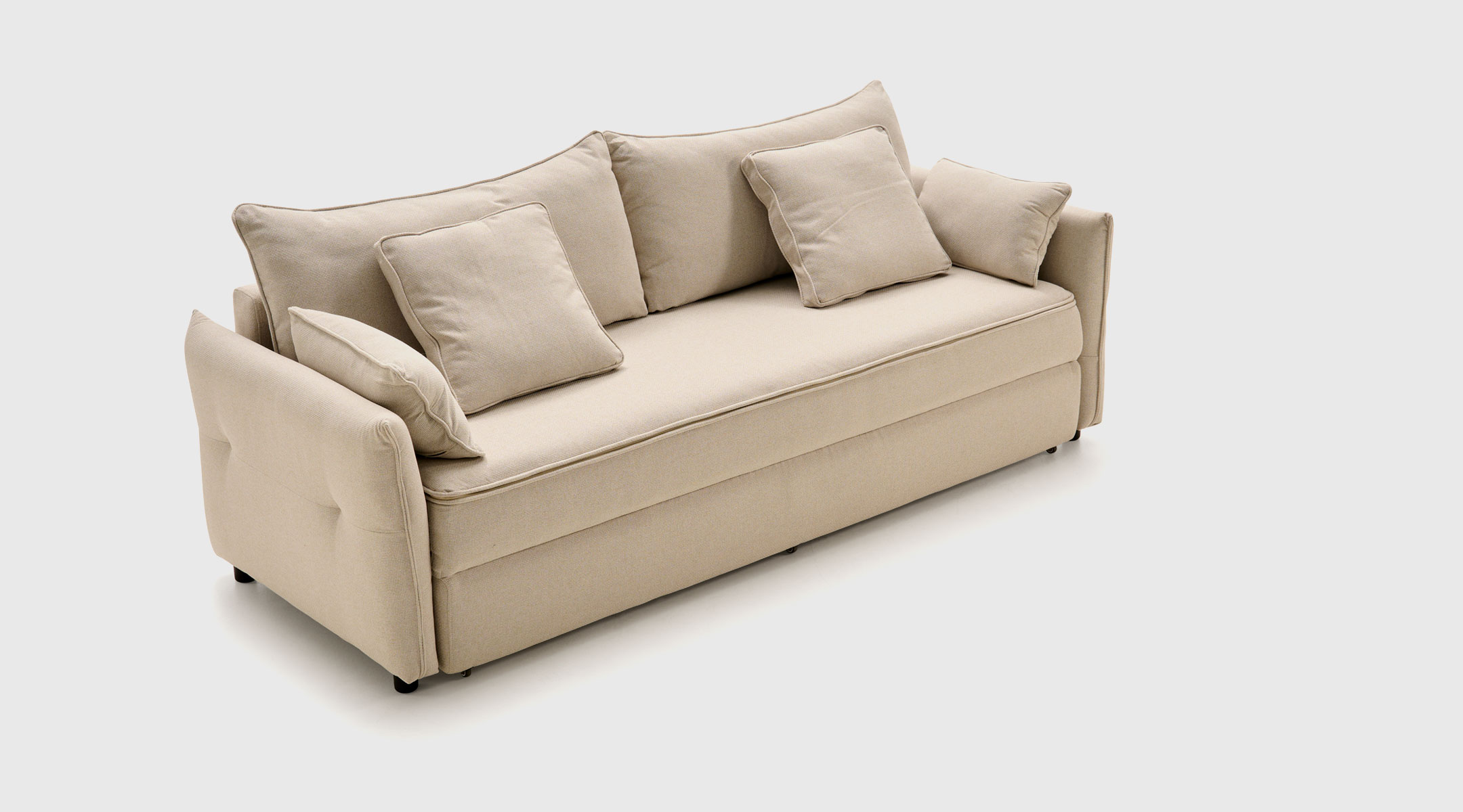Sofá cama beige modelo Saori de Mimma Gallery con asiento de muelle ensacado y Memory Foam.