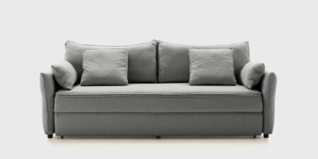 Sofá cama Saori color gris con arcón integrado, mecanismo transversal y cojines desenfundables