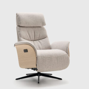 Sillón Erika con relax eléctrico tapizado en tela Oasis Shell 9832 y base redonda de diseño nórdico