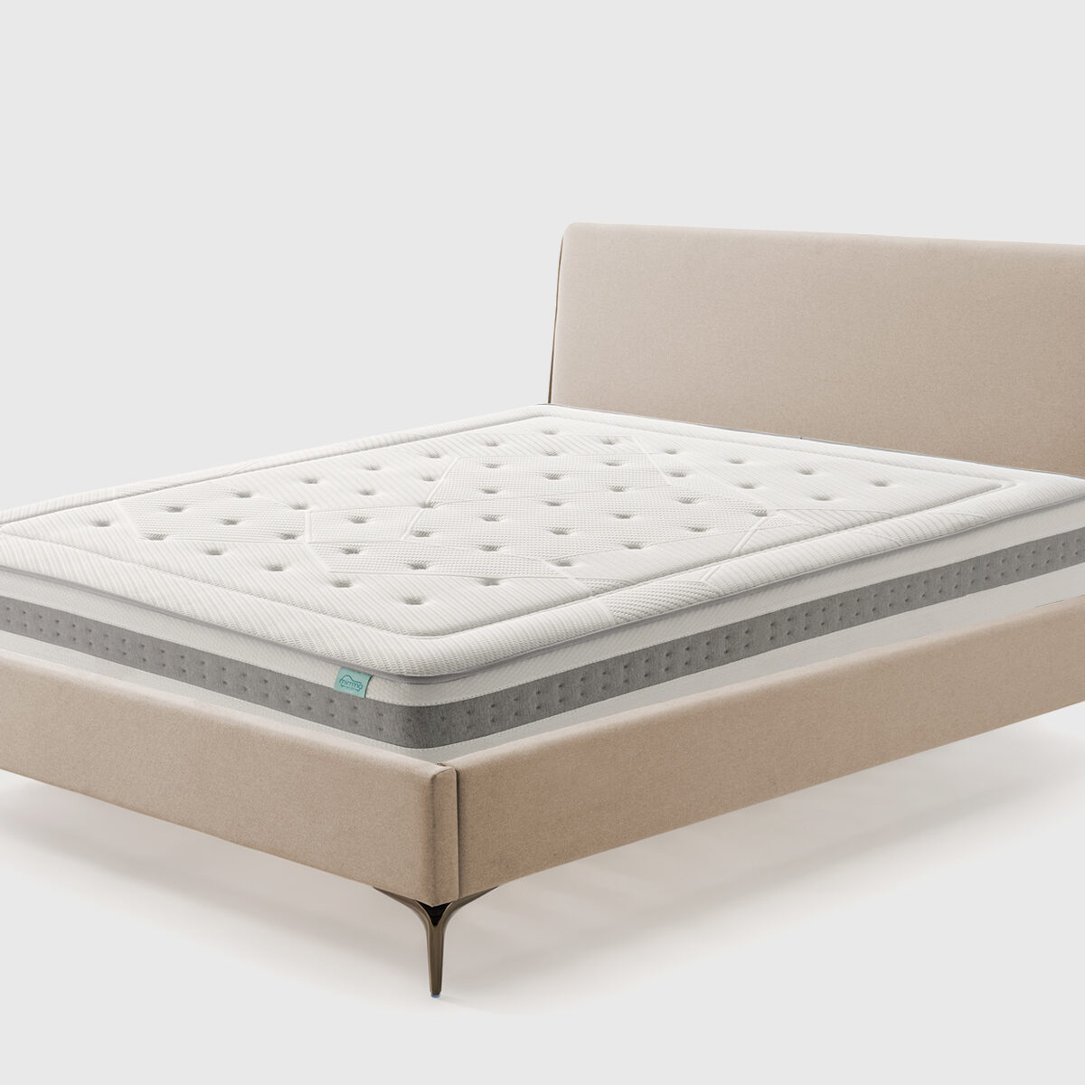 Pack Wave beige con cama tapizada Zira, colchón Surf viscoelástico y almohada Sand de fibra siliconada