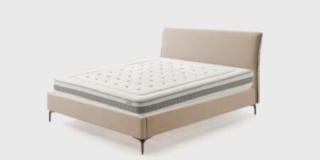 Pack Wave beige con cama tapizada Zira, colchón Surf viscoelástico y almohada Sand de fibra siliconada