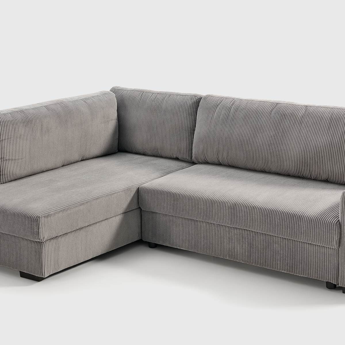 Sofá cama Atemporal con chaise longue derecha, tapizado en pana gris, sistema cigüeña y arcón de almacenaje
