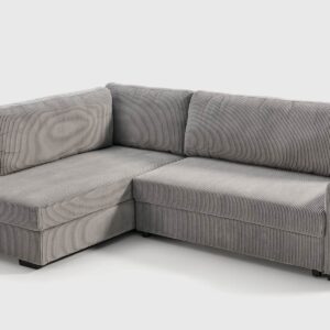 Sofá cama Atemporal gris · chaise longue con arcón y apertura tipo cigüeña Sofá cama Atemporal con chaise longue derecha, tapizado en pana gris, sistema cigüeña y arcón de almacenaje