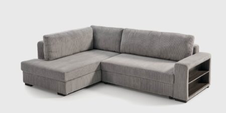 Sofá cama Atemporal con chaise longue derecha, tapizado en pana gris, sistema cigüeña y arcón de almacenaje