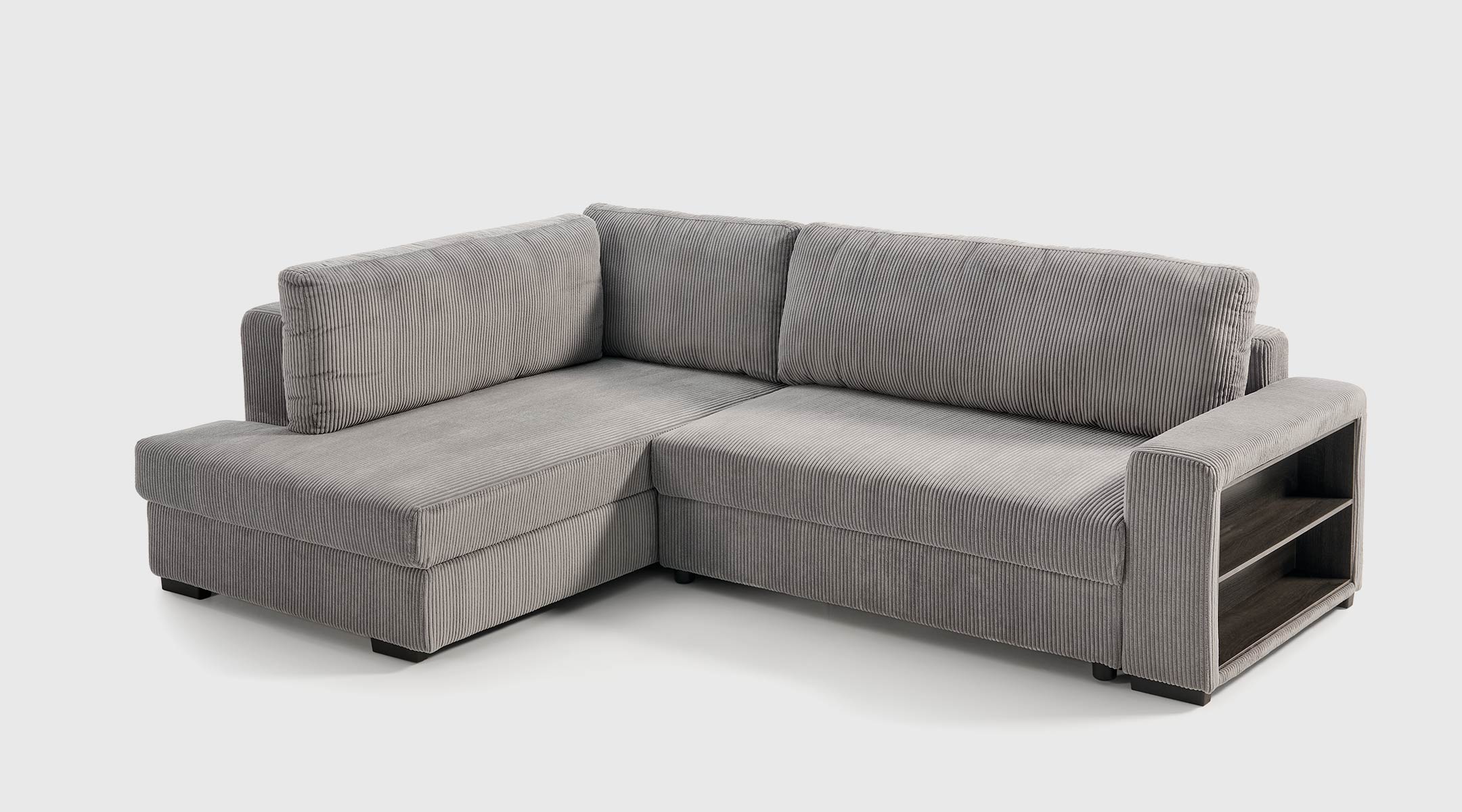 Sofá cama Atemporal gris · chaise longue con arcón y apertura tipo cigüeña Sofá cama Atemporal con chaise longue derecha, tapizado en pana gris, sistema cigüeña y arcón de almacenaje