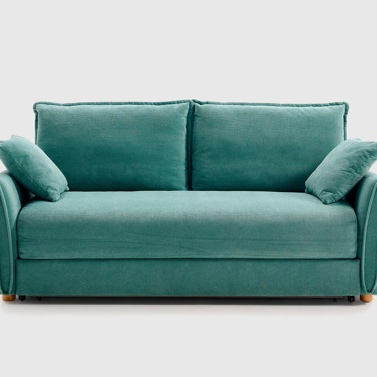 Sofá cama Milo tapizado en tela Enjoy verde con sistema tipo cigüeña y doble arcón de almacenaje