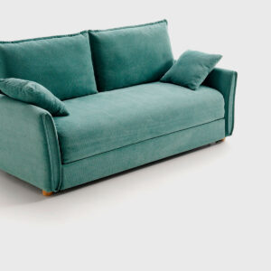 Sofá cama compacto modelo Milo de Mimma Gallery tapizado en tela Enjoy verde con diseño funcional para habitaciones de invitados.