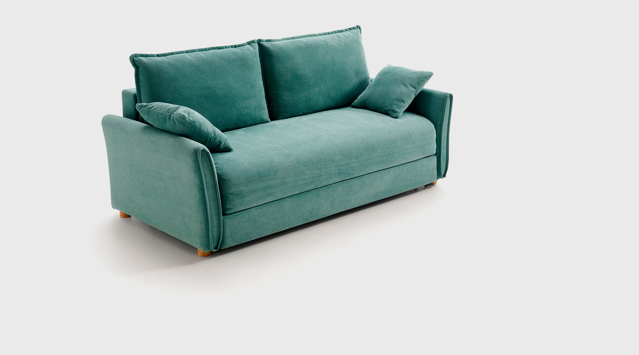 Sofá cama compacto modelo Milo de Mimma Gallery tapizado en tela Enjoy verde con diseño funcional para habitaciones de invitados.