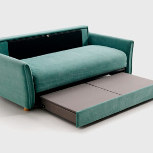 Sofá cama abierto modelo Milo verde con sistema tipo cigüeña, cama de 150x195 cm y doble arcón de Mimma Gallery.