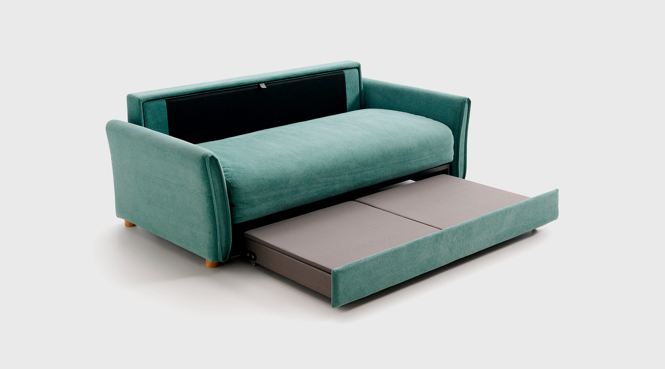 Sofá cama abierto modelo Milo verde con sistema tipo cigüeña, cama de 150x195 cm y doble arcón de Mimma Gallery.