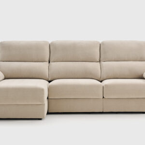 Sofá Mel chaise longue derecha 275×130 cm en tejido Milo 02 Linen Sofá Mel con chaise longue derecha de 275 x 130 cm tapizado en tejido Milo color 02 Linen, con asientos deslizantes, arcón y cabezales reclinables