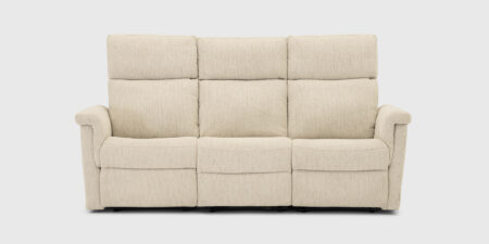 Sofá Gioia beige de líneas suaves con respaldo alto y función relax eléctrica