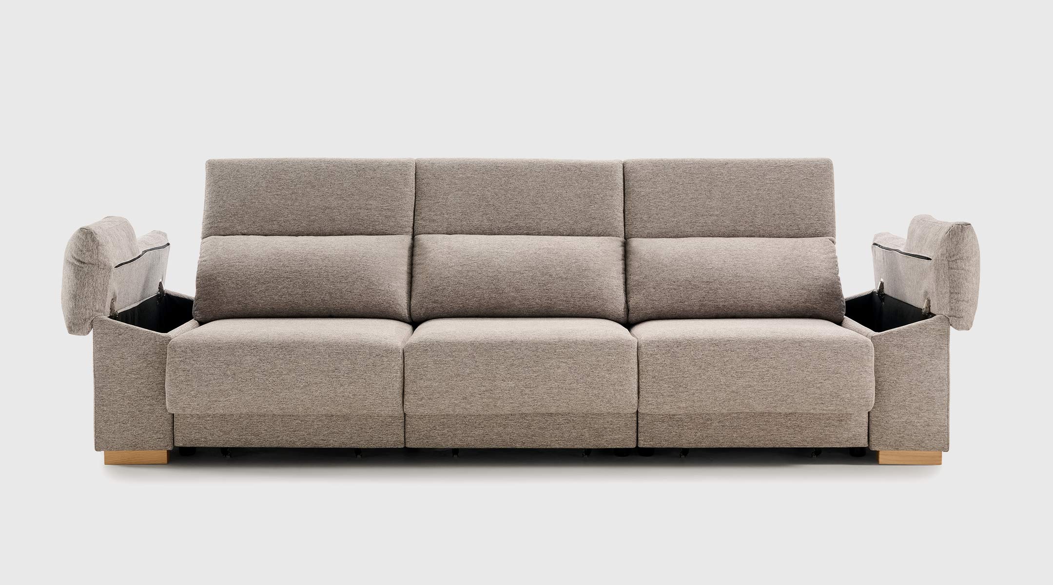 sofa-serena-golden-plomo-2 Sofá moderno Serena 3 plazas Golden Plomo con asientos deslizantes, cabezales reclinables y arcón en brazos