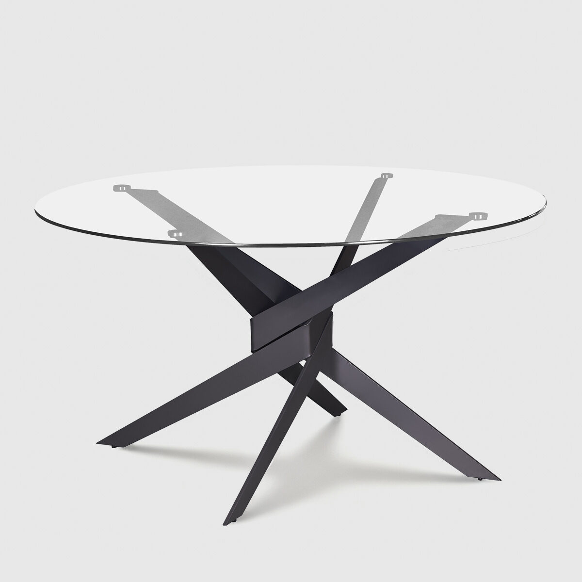Mesa redonda Moor de Mimma Gallery con sobre de cristal templado y base metálica negra entrelazada, diseño minimalista y elegante de Ø120 cm.