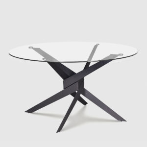 Mesa redonda Moor de Mimma Gallery con sobre de cristal templado y base metálica negra entrelazada, diseño minimalista y elegante de Ø120 cm.