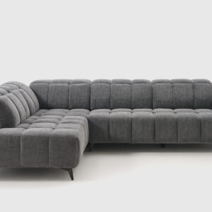 Sofá Galo rinconera con terminal abierto de 293 x 208 cm tapizado en tela Dark Grey, con respaldo alto y formas redondeadas