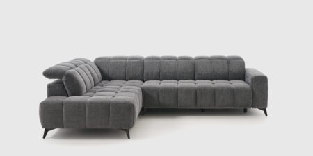 Sofá Galo rinconera con terminal abierto de 293 x 208 cm tapizado en tela Dark Grey, con respaldo alto y formas redondeadas