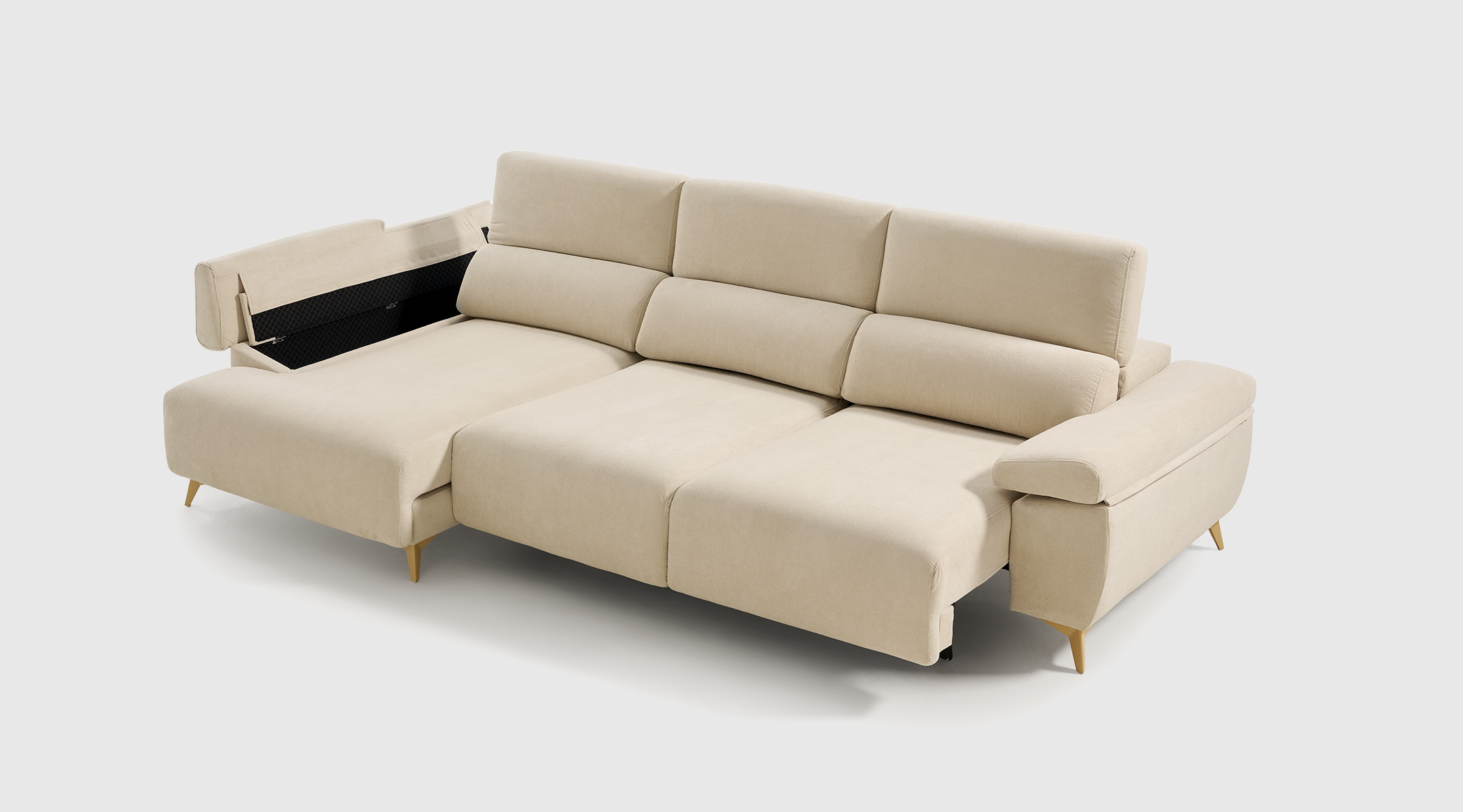 chaise-longue-livi-beige-dcha-5 Sofá moderno Livi de 302 cm en color beige, chaise longue a la derecha, brazos anchos y cabezales reclinables multipunto.